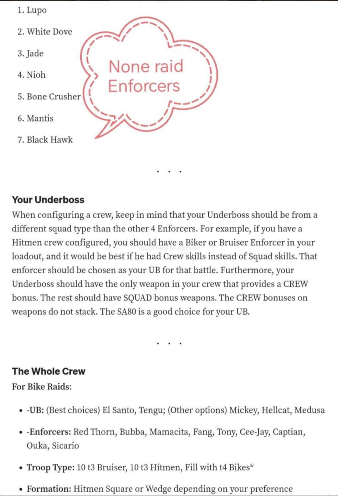 Original notes listing non-raid Enforcers, Underboss advice, and Biker raid recommendations, transcribed above.