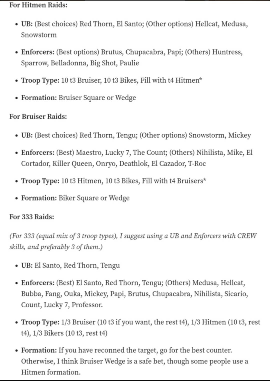 Original Hitmen, Bruiser, and 333 mixed raid recommendations, transcribed above.