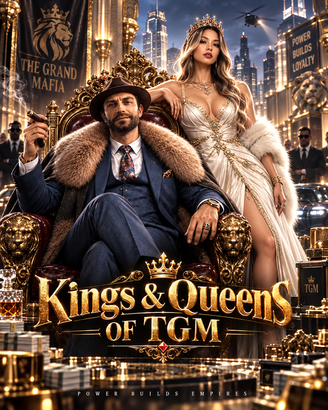 Kings & Queens of TGM artwork featuring a king and queen beside a gold throne in a city.