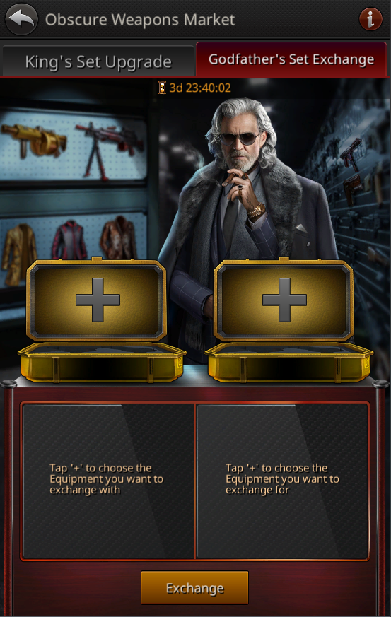 Obscure Weapons Market on the Godfather's Set Exchange tab, with two equipment selection slots and an Exchange button.