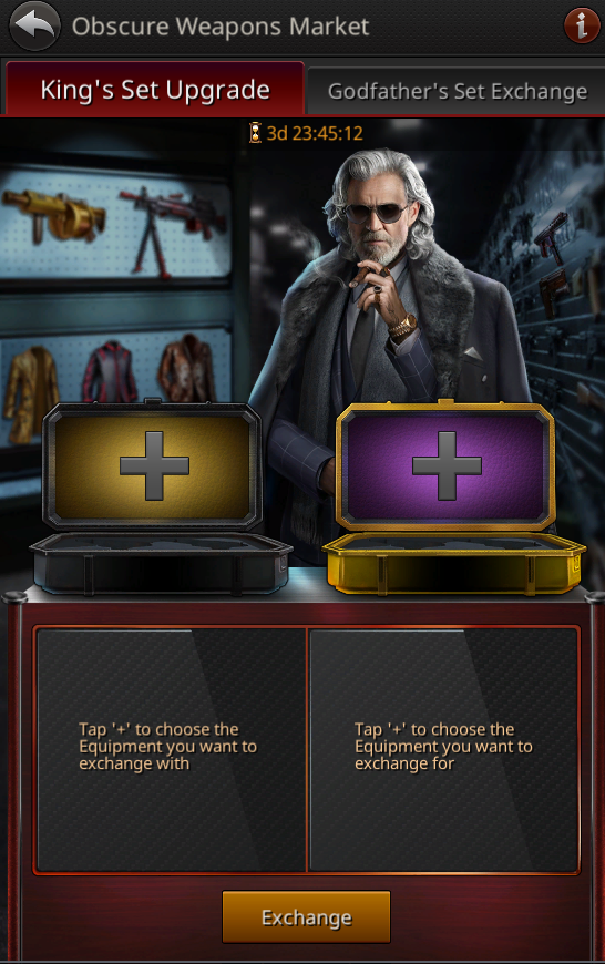 Obscure Weapons Market on the King's Set Upgrade tab, with two equipment selection slots and an Exchange button.